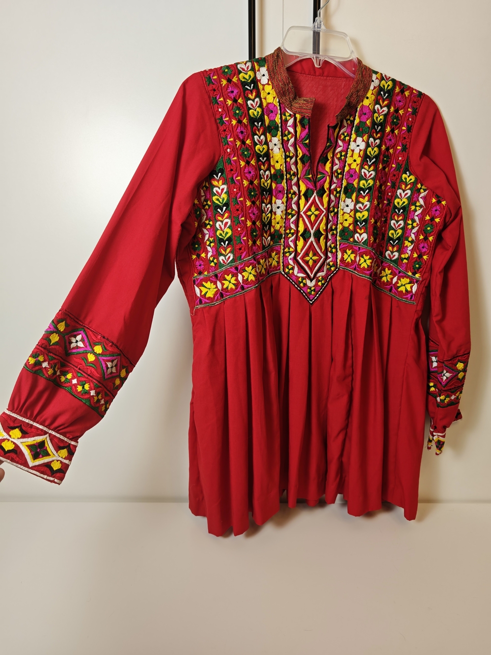 Embroidered Red Boho Peasant Top Long Sleeve Floral Geometric Tunic L